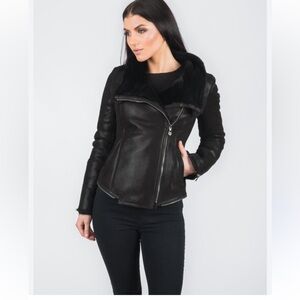 Women's Le Château Black Shearling Leather Jacket S